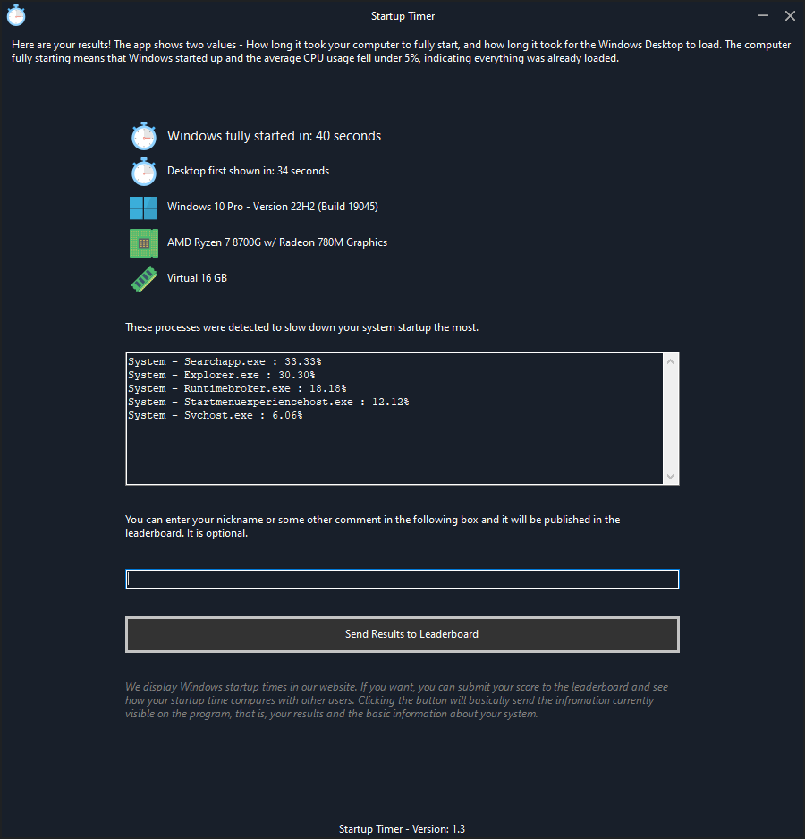 Startup Timer results showing Windows boot time and the apps contributing to startup slowness